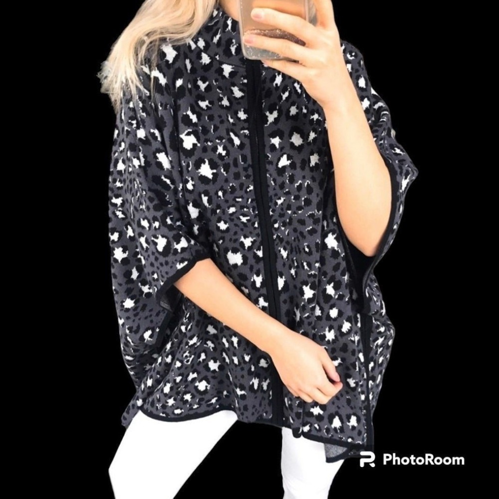Jones New York Woman Full Zip Sweater Poncho Erra‎ Leopard Mid Sky Plus Sz 0X/1X